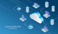 Isometric cloud computing illustration with servers, laptops, and secure devices connected to a central cloud, representing data Royalty Free Stock Photo