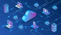 Isometric cloud computing illustration showing connected servers, laptops, smartphones, and security icons, representing data Royalty Free Stock Photo