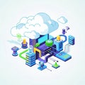 Isometric cloud computing infrastructure with servers and data transfer Royalty Free Stock Photo