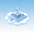 An isometric cloud computing infrastructure with servers, databases, APIs, and user devices linked through structured network Royalty Free Stock Photo