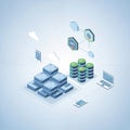 An isometric cloud computing infrastructure with servers, databases, APIs, and user devices linked through structured network Royalty Free Stock Photo