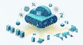 Isometric cloud computing network illustration showing global connectivity servers robotic arms and smart devices Royalty Free Stock Photo