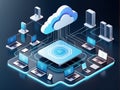 isometric cloud data storage concept with server and center on blue background. 3d image Royalty Free Stock Photo