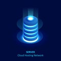 Isometric cloud server isolated on blue. Data center storage room objects. Network server room