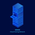 Isometric cloud server isolated on blue. Data center storage room objects. Network server room