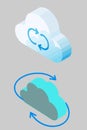 Isometric cloud sync icons with circular arrows for backup, update, and data refresh workflow in blue on a gray background Royalty Free Stock Photo