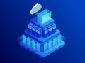 Isometric cloud technologies networking concept. Web cloud technology business. Internet data services. Computing online