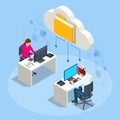 Isometric Cloud Technology. People Working From Office. Global Outsourcing, People Using Cloud System in Distant Work Royalty Free Stock Photo