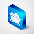 Isometric Coal mine trolley icon isolated on grey background. Factory coal mine trolley. Blue square button. Vector