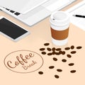 Isometric coffee break vectorisometric coffee break,cup of coffee on table cafe vector Royalty Free Stock Photo