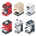 Isometric coffee machines collection. Espresso makers different models colors, isometric design