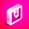 Isometric Coffin in grave icon isolated on pink background. Funeral ceremony. Silver square button. Vector