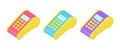 Isometric collection multicolored POS terminal for e money purchase payment contactless 3d icon