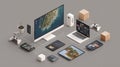 Isometric Collection Of Pixelated Digital Devices And Gaming Peripherals On Gray Background Royalty Free Stock Photo