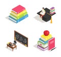 Isometric college education icon, stack of books and study