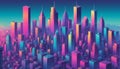 Isometric and color illustration of a big city with skyscrapers and in the style of the eighties