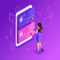 Isometric colorful concept of managing online credit cards, online banking account, business lady transferring money from card