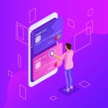 Isometric colorful concept of managing online credit cards, online bank account, man transferring money from card to card