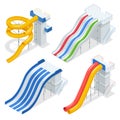 Isometric colorful water slides and tubes, aquapark equipment, set for label design. Swimming pool and water slides