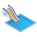 Isometric colourful water slide with pool, aquapark equipment, set for design. Swimming pool and water slides Vector