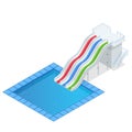Isometric colourful water slide with pool, aquapark equipment, set for design. Swimming pool and water slides Vector