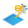 Isometric colourful water slide and tubes with pool, aquapark equipment, set for design. Swimming pool and water slides