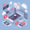 Isometric communication network devices and icons technology Royalty Free Stock Photo