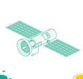 Isometric communication satellite with antenna isolated on white. Wireless technology. Outline style