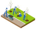 Isometric Community Work Day. Environment Protection Concept. Group Volunteer People Planting Trees in City Park. People