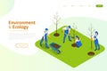 Isometric Community Work Day. Environment Protection Concept. Group Volunteer People Planting Trees in City Park. People