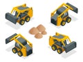 Isometric Compact Excavators. Orange wheel Steer Loader isolated on a white background