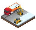 Isometric Compact Excavators. Small excavator bobcat and truck working on the street cleaning snow isolated on a white