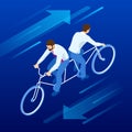 Isometric competition Businessman on bicycle tandem ride in different directions.