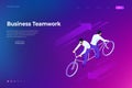 Isometric competition Businessman on bicycle tandem ride in different directions.