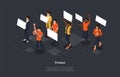Isometric Composition On Dark Background. Vector 3D Illustration In Cartoon Style. Protest Concept. Group Of People With Royalty Free Stock Photo