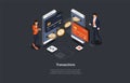 Isometric Composition On Transactions Concept. Vector Illustration In Cartoon 3D Style. Dark Background With Text. Two Royalty Free Stock Photo