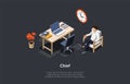 Isometric Composition, Vector Design. 3D Cartoon Style Illustration With Writing On Company Chief Concept