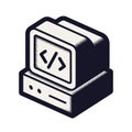 Isometric computer icon with coding symbol. Monochrome vector illustration with grain texture representing web Royalty Free Stock Photo