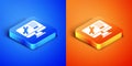 Isometric Computer monitor with wrench icon isolated on blue and orange background. Adjusting, service, setting Royalty Free Stock Photo