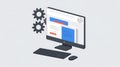 Isometric computer setup with gears and website interface desktop monitor Royalty Free Stock Photo
