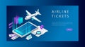 Isometric Concept Of Airline Tickets For Business And Travel. Website Landing Page. Airline Ticket Buying Or Booking Royalty Free Stock Photo