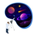 Isometric concept of Astronomer looking through telescope on planets, stars and comets. Astronomical telescope tube and Royalty Free Stock Photo