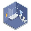 Isometric concept of Bathroom interior design with bath, shower mirror and towels, toilet, bidet, vector illustration