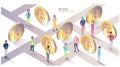 Isometric concept with bitcoins and people. City of bitcoin.