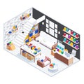 Isometric concept of the bookstore interior. 3d library with books.