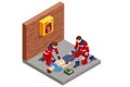 Isometric concept of Cardiac Massage CPR Emergency Aid. Medic character performing chest compressions and artificial