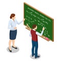 Isometric concept of chemistry lesson. Chemistry school subject. Schoolboy is standing near blackboard and answer about