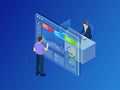 Isometric concept of data network management. Businessmans in data center room. Hosting server and computer database. Royalty Free Stock Photo