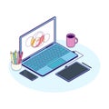 Isometric concept of designer workplace with computer and graphics tablet.