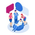 Isometric concept of discussing, chatting, conversation, dialogue. Businessmen and woman discuss social network